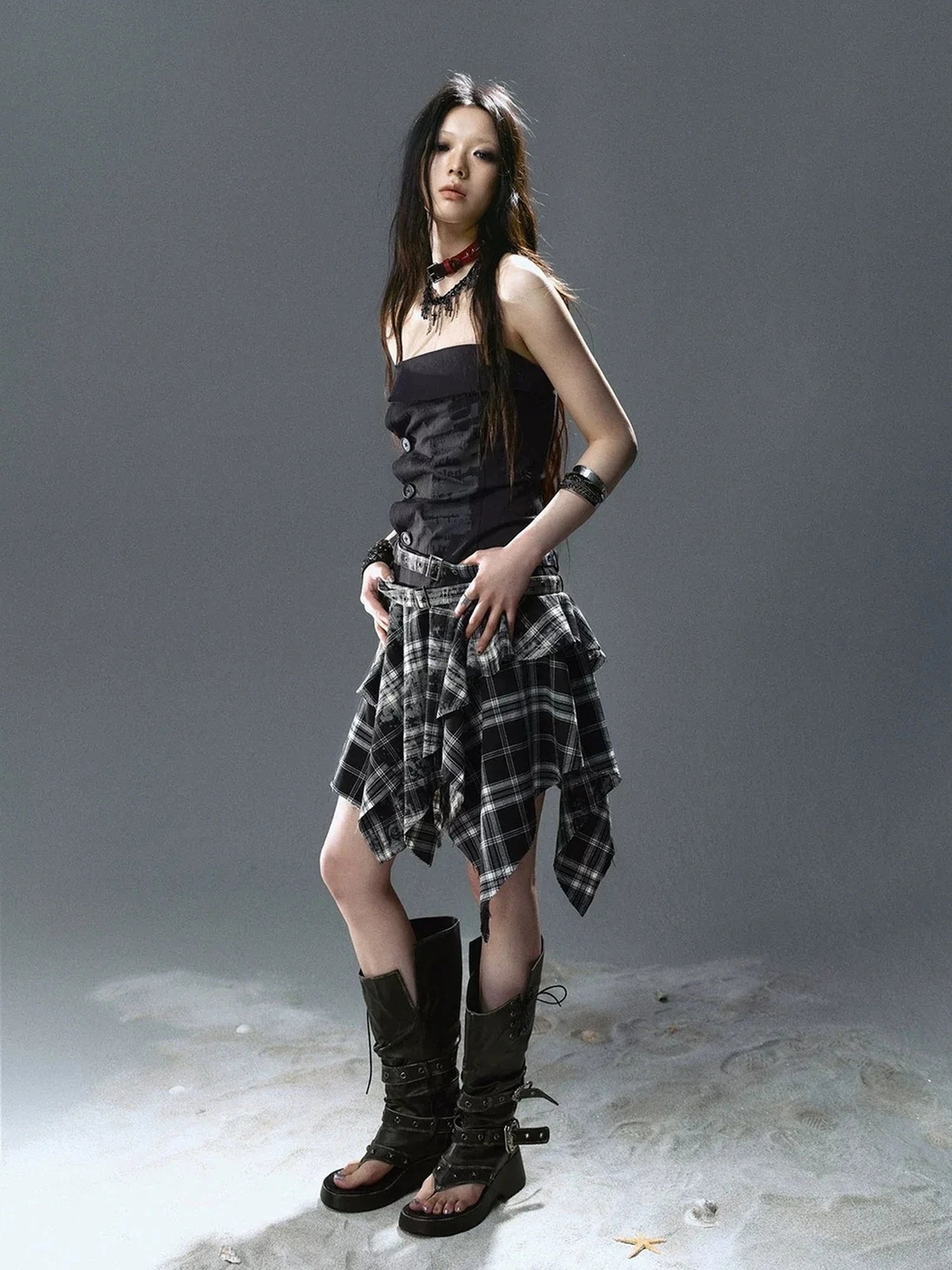 Chinese Clothing Cest Nous Update Graffiti Plaid Asymmetric Slip Dress