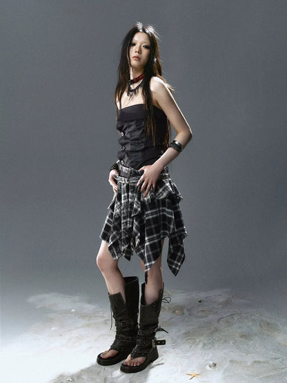 Chinese Clothing Cest Nous Update Graffiti Plaid Asymmetric Slip Dress