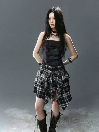 Chinese Clothing Cest Nous Update Graffiti Plaid Asymmetric Slip Dress