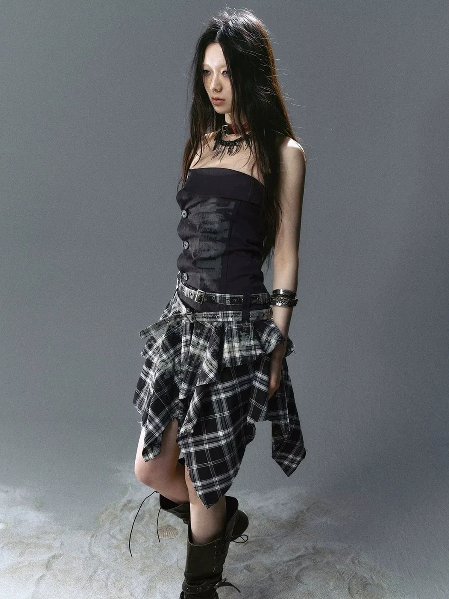 Chinese Clothing Cest Nous Update Graffiti Plaid Asymmetric Slip Dress