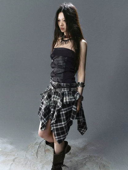 Chinese Clothing Cest Nous Update Graffiti Plaid Asymmetric Slip Dress