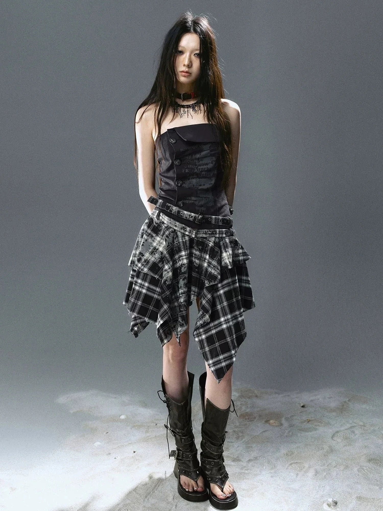 Chinese Clothing Cest Nous Update Graffiti Plaid Asymmetric Slip Dress