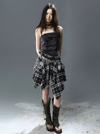 Chinese Clothing Cest Nous Update Graffiti Plaid Asymmetric Slip Dress