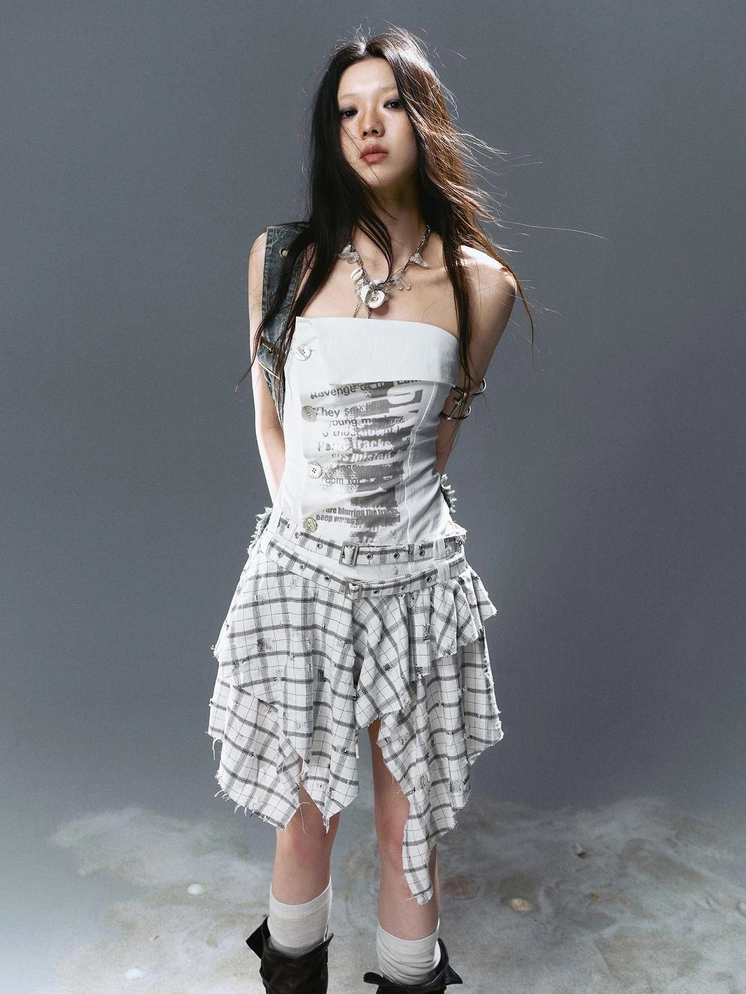 Chinese Clothing Cest Nous Update Graffiti Plaid Asymmetric Slip Dress