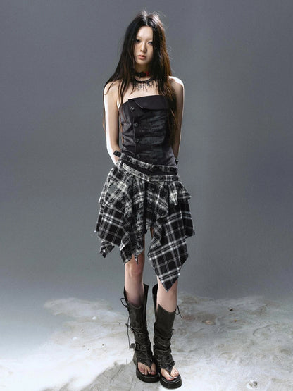 Chinese Clothing Cest Nous Update Graffiti Plaid Asymmetric Slip Dress
