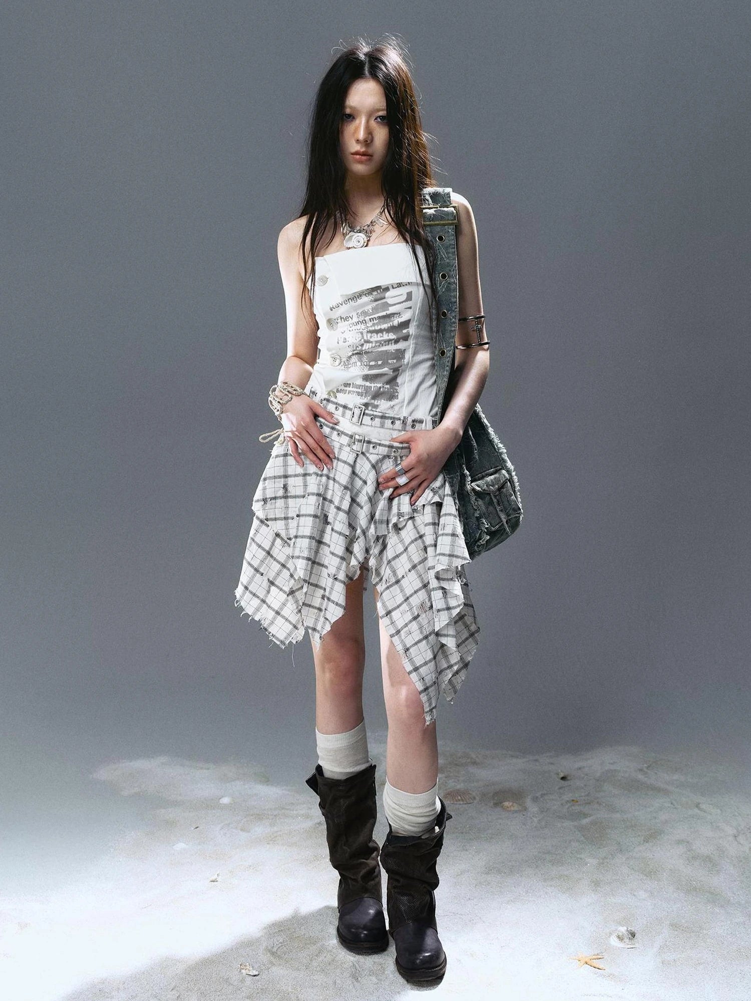 Chinese Clothing Cest Nous Update Graffiti Plaid Asymmetric Slip Dress