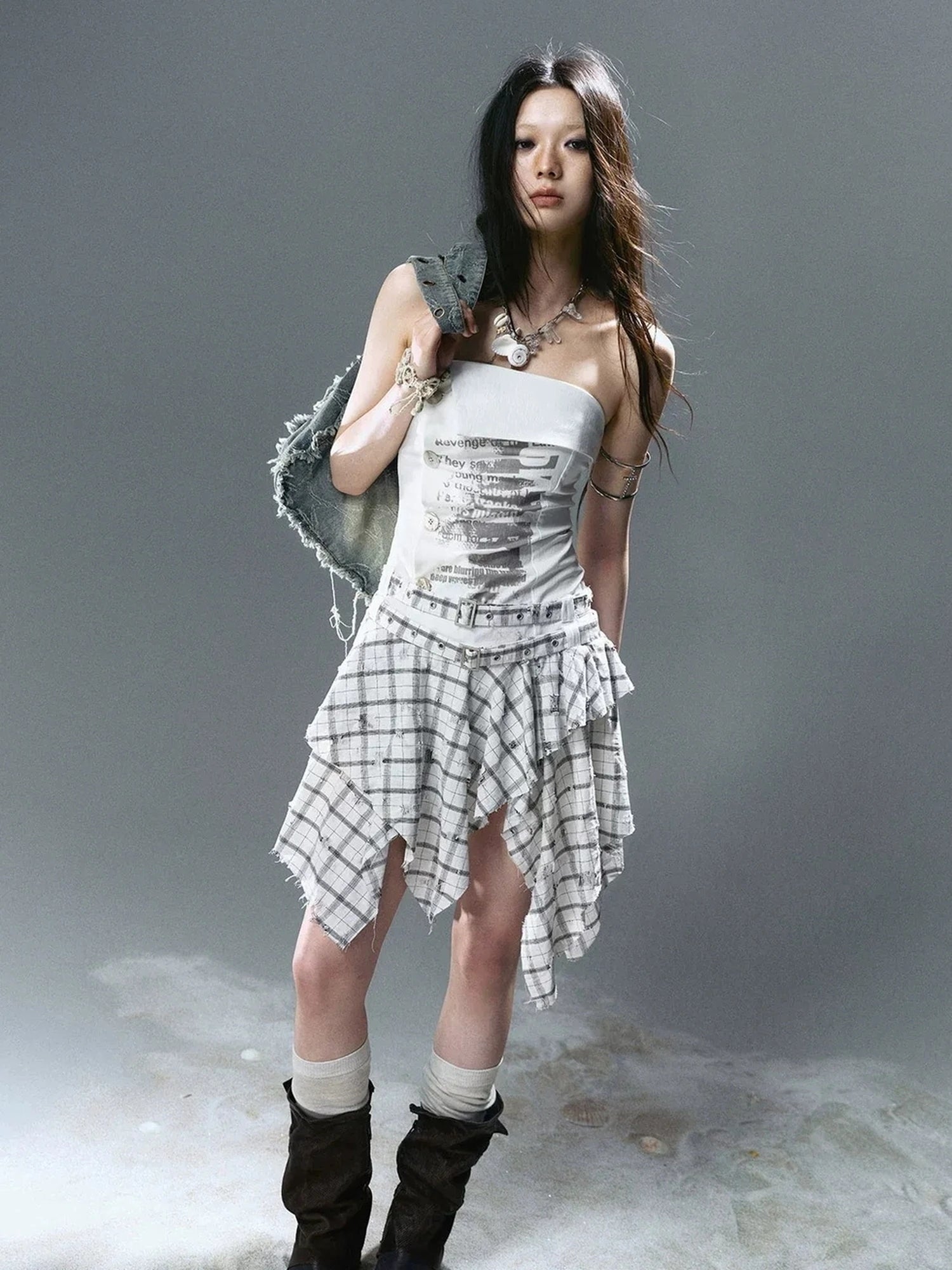 Chinese Clothing Cest Nous Update Graffiti Plaid Asymmetric Slip Dress