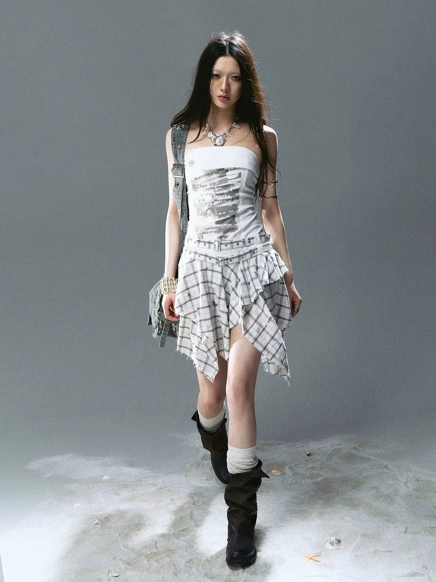Chinese Clothing Cest Nous Update Graffiti Plaid Asymmetric Slip Dress
