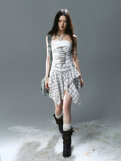 Chinese Clothing Cest Nous Update Graffiti Plaid Asymmetric Slip Dress