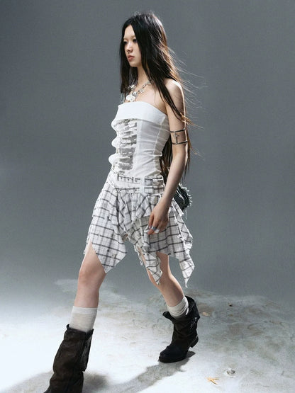 Chinese Clothing Cest Nous Update Graffiti Plaid Asymmetric Slip Dress