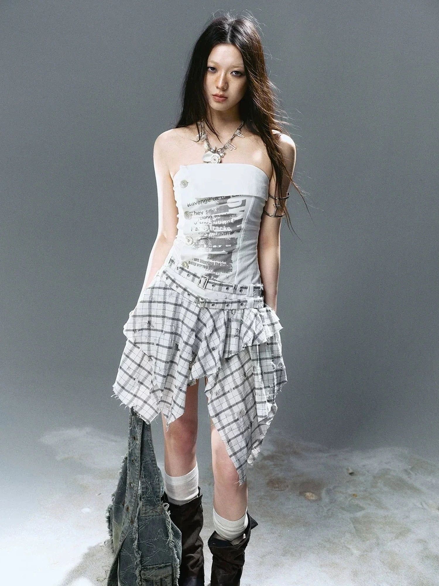 Chinese Clothing Cest Nous Update Graffiti Plaid Asymmetric Slip Dress