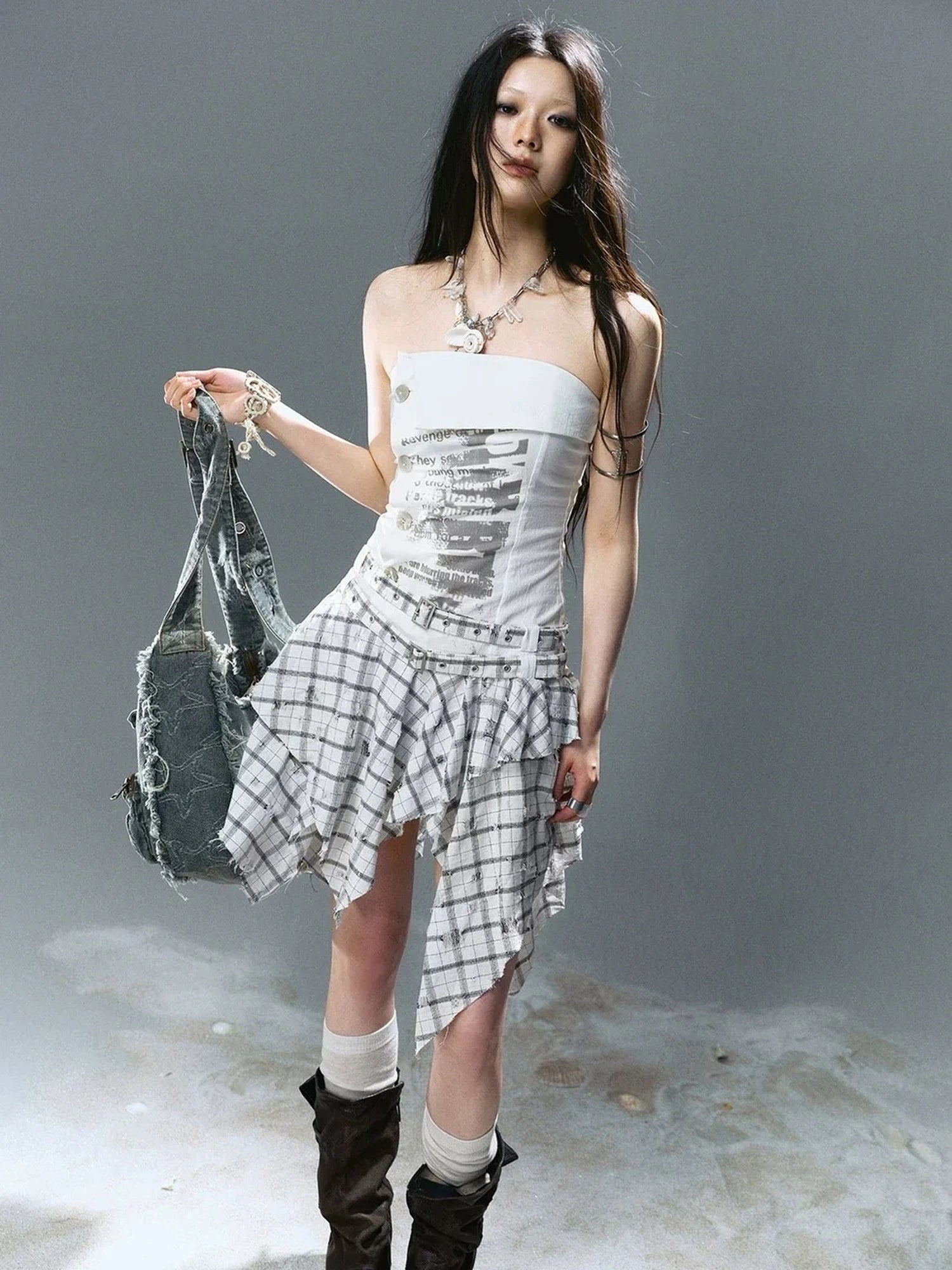 Chinese Clothing Cest Nous Update Graffiti Plaid Asymmetric Slip Dress
