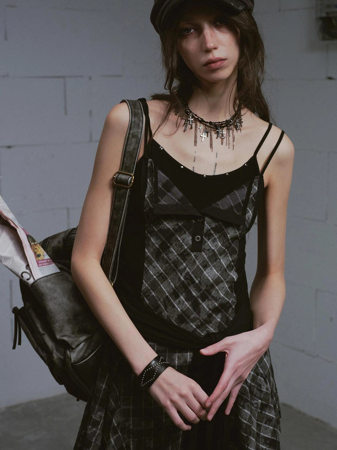 Chinese Clothing Cest Nous Update Layered Distressed Grid Wrap Slip Dress