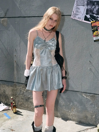 Chinese Clothing Cest Nous Update Mint Blue Satin Graffiti Lace Slip V-Neck Dress