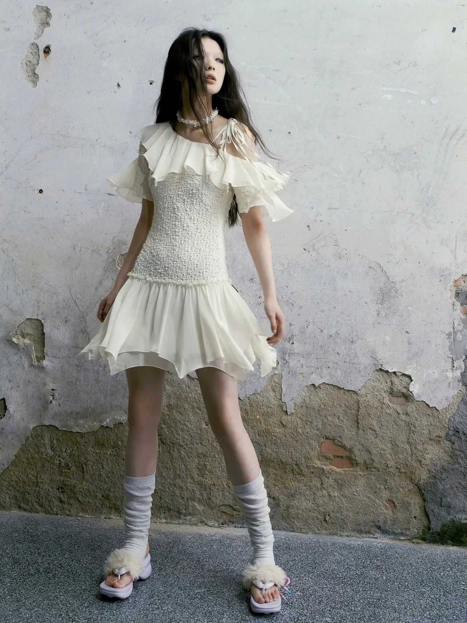 Chinese Clothing Cest Nous Update Off Shoulder Knitted Chiffon Wave Dress