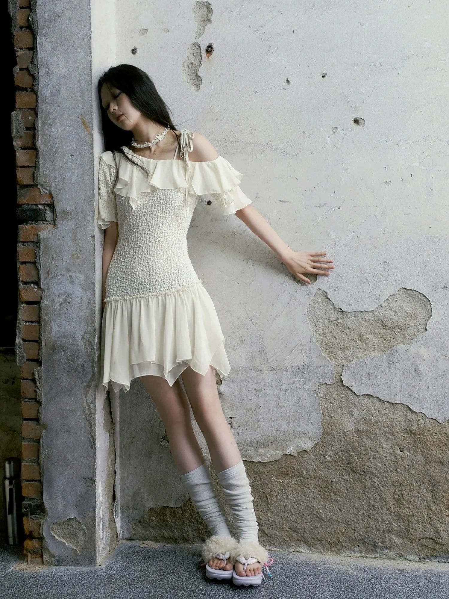 Chinese Clothing Cest Nous Update Off Shoulder Knitted Chiffon Wave Dress