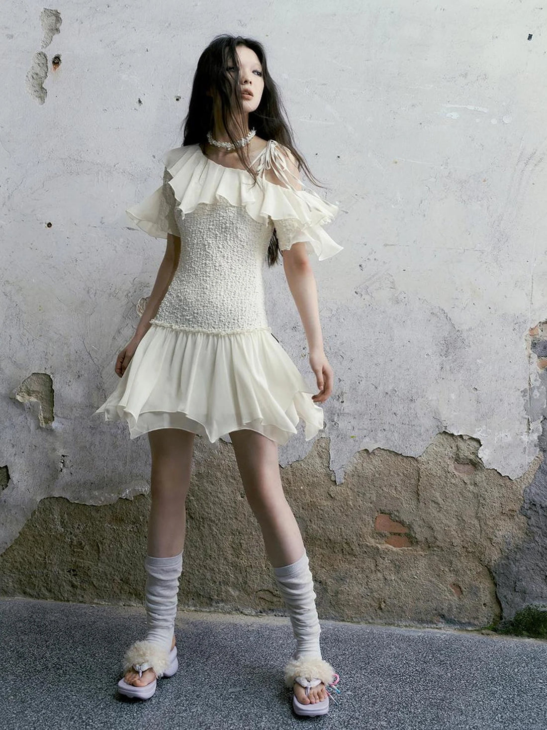 Chinese Clothing Cest Nous Update Off Shoulder Knitted Chiffon Wave Dress