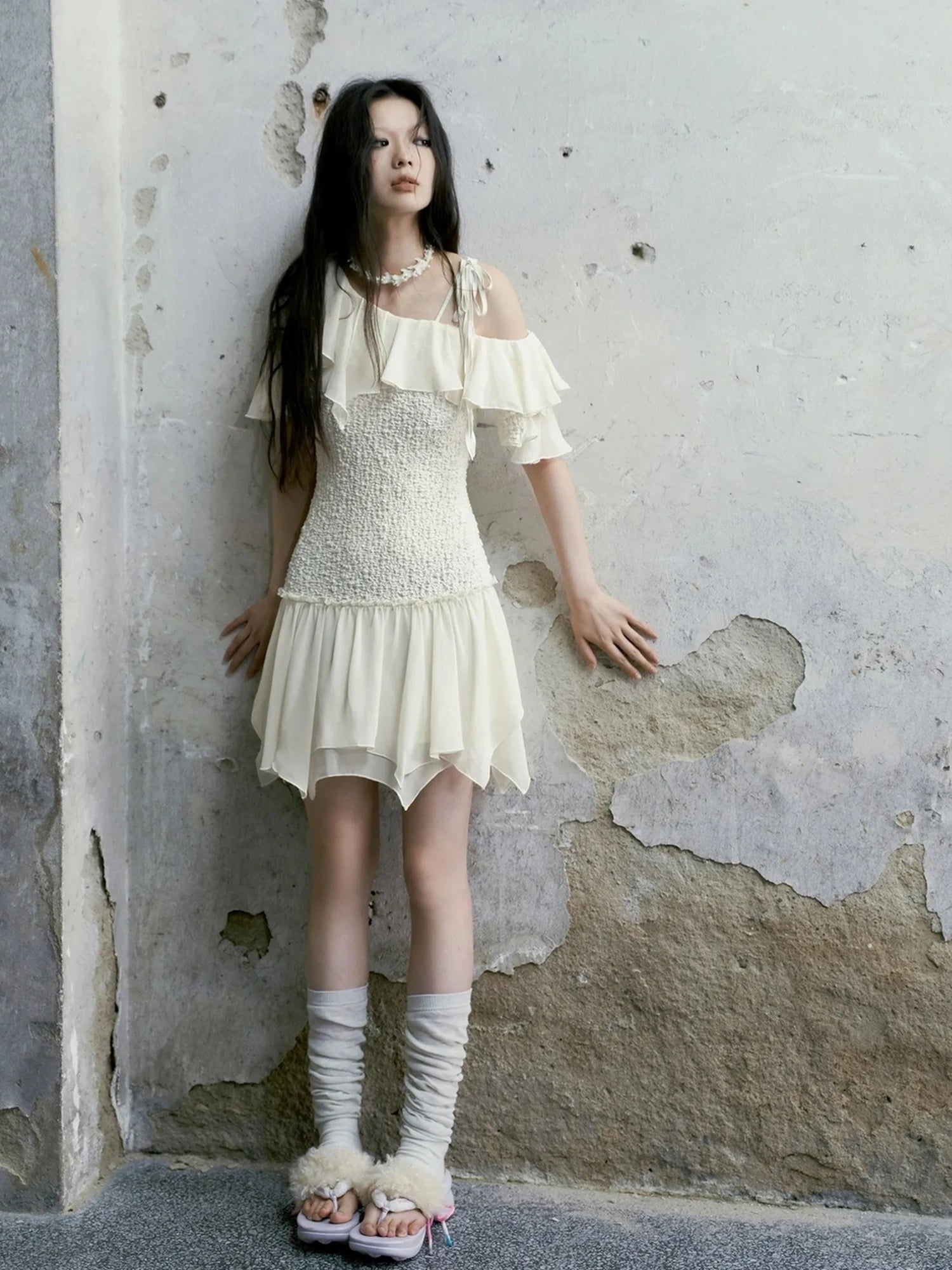 Chinese Clothing Cest Nous Update Off Shoulder Knitted Chiffon Wave Dress