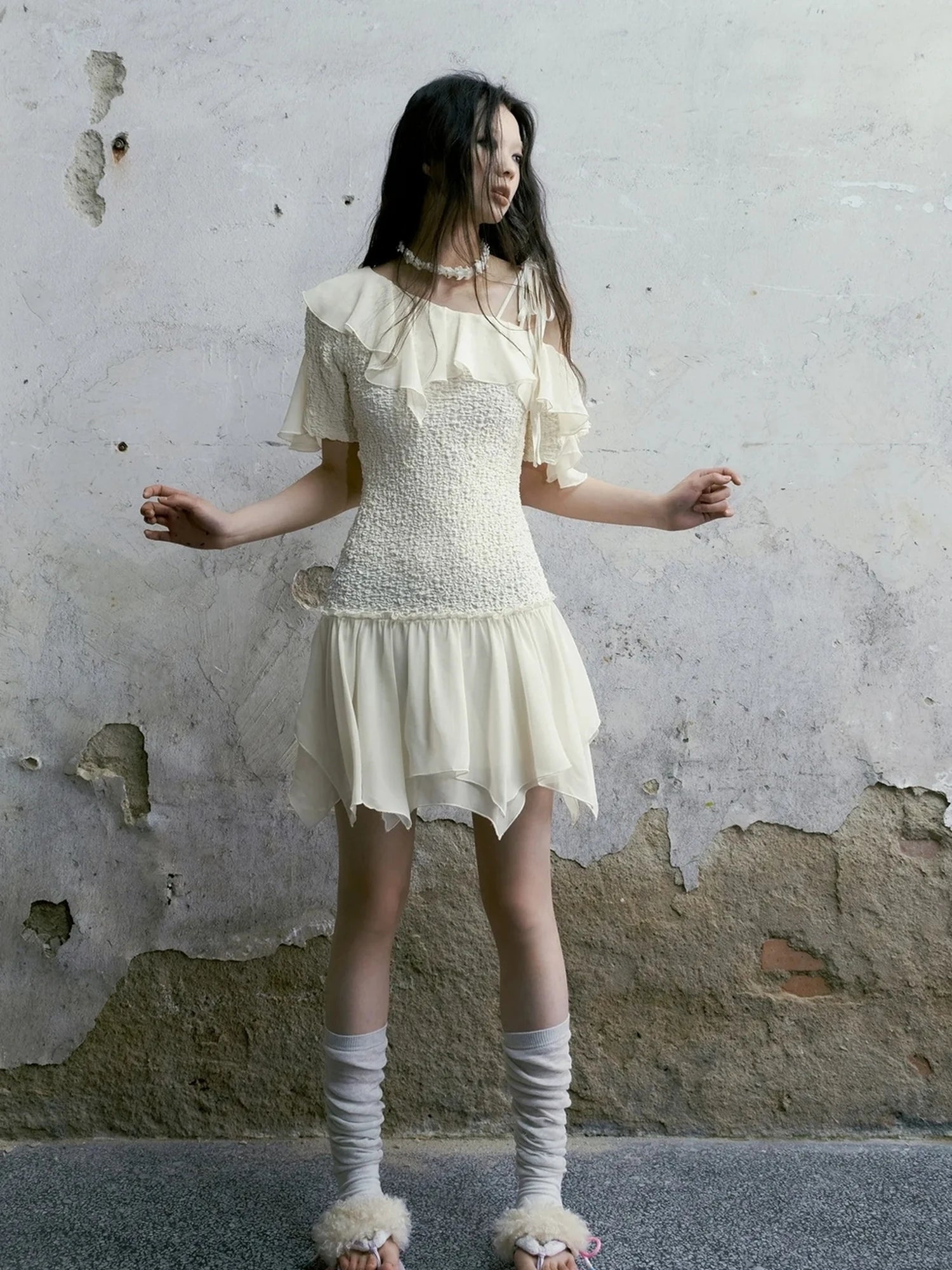 Chinese Clothing Cest Nous Update Off Shoulder Knitted Chiffon Wave Dress