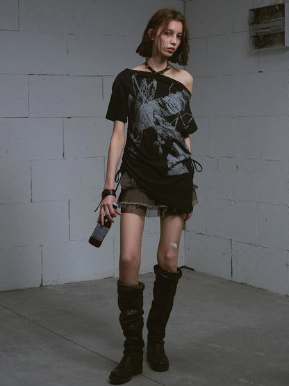 Chinese Clothing Cest Nous Update Oversize Off Shoulder Printed Tencel Tee