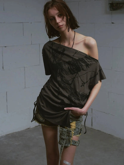 Chinese Clothing Cest Nous Update Oversize Off Shoulder Printed Tencel Tee