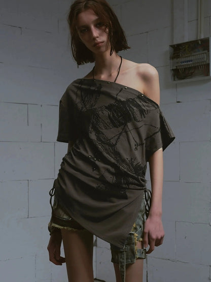 Chinese Clothing Cest Nous Update Oversize Off Shoulder Printed Tencel Tee