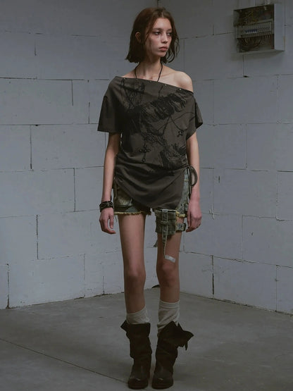 Chinese Clothing Cest Nous Update Oversize Off Shoulder Printed Tencel Tee