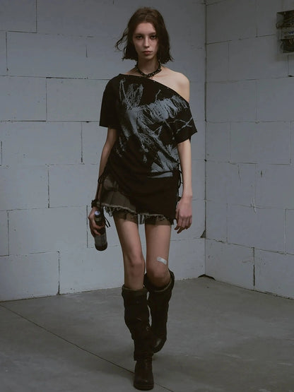 Chinese Clothing Cest Nous Update Oversize Off Shoulder Printed Tencel Tee