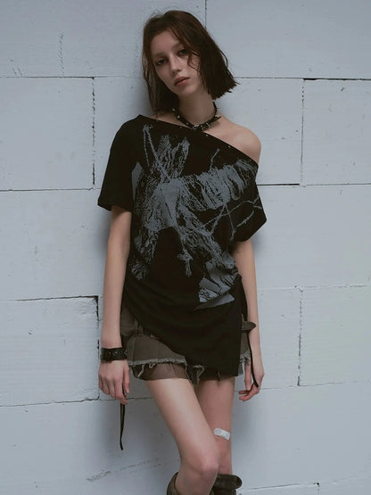 Chinese Clothing Cest Nous Update Oversize Off Shoulder Printed Tencel Tee