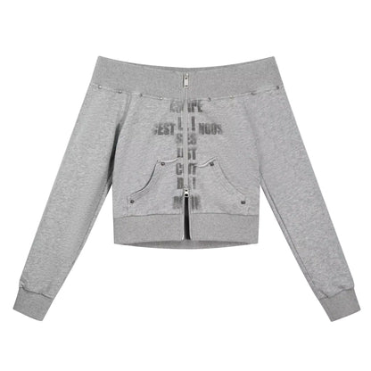 Chinese Clothing Cest Nous Update Oversized Distressed Print Off Shoulder Cropped Sweatshirt MISSTT