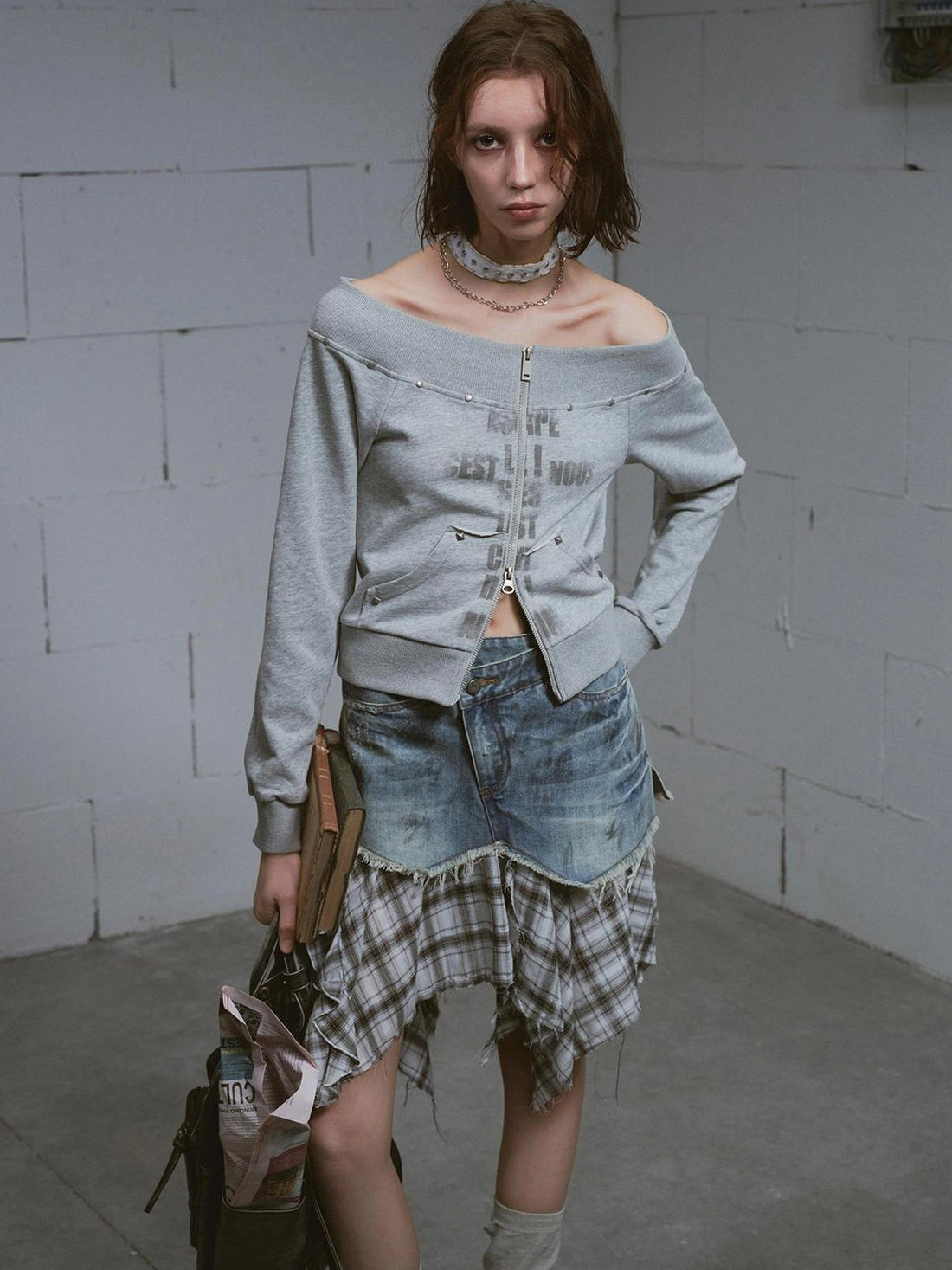 Chinese Clothing Cest Nous Update Oversized Distressed Print Off Shoulder Cropped Sweatshirt