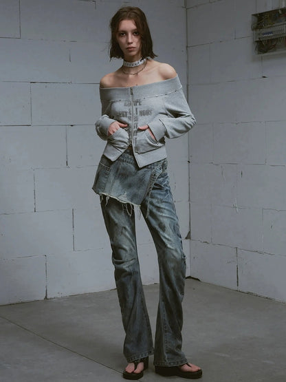 Chinese Clothing Cest Nous Update Oversized Distressed Print Off Shoulder Cropped Sweatshirt