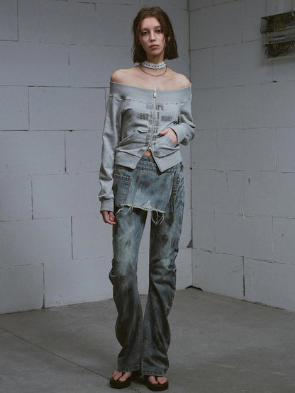 Chinese Clothing Cest Nous Update Oversized Distressed Print Off Shoulder Cropped Sweatshirt