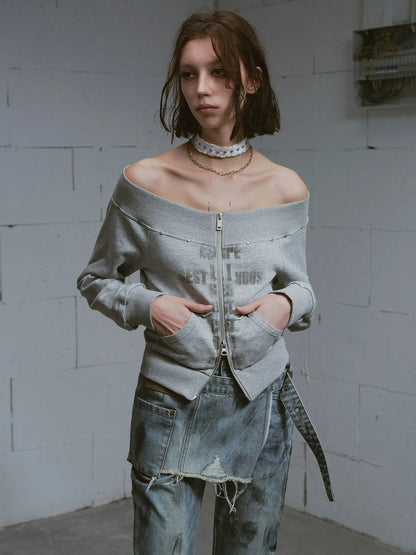Chinese Clothing Cest Nous Update Oversized Distressed Print Off Shoulder Cropped Sweatshirt
