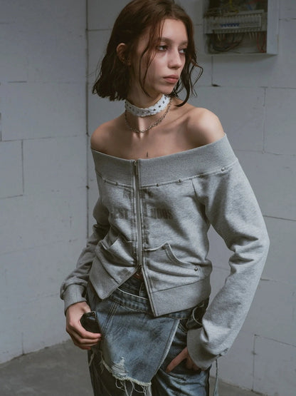 Chinese Clothing Cest Nous Update Oversized Distressed Print Off Shoulder Cropped Sweatshirt