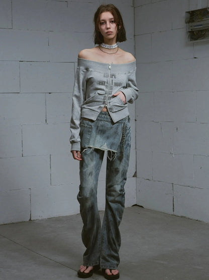 Chinese Clothing Cest Nous Update Oversized Distressed Print Off Shoulder Cropped Sweatshirt