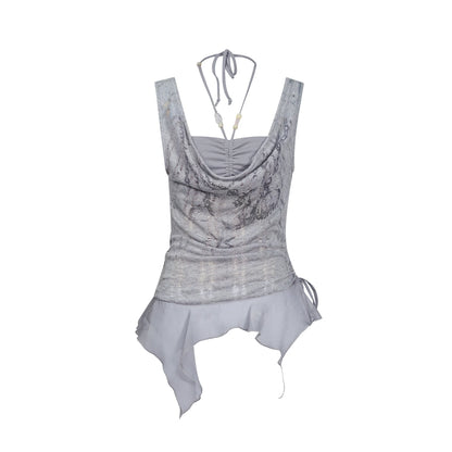 Chinese Clothing Cest Nous Update Printed Beaded Striped Chiffon Hollow Out Swing Neck Shell Top MISSTT