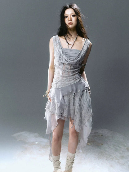 Chinese Clothing Cest Nous Update Printed Beaded Striped Chiffon Hollow Out Swing Neck Shell Top