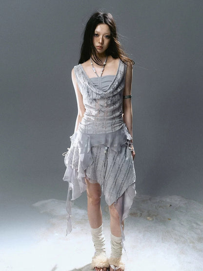 Chinese Clothing Cest Nous Update Printed Beaded Striped Chiffon Hollow Out Swing Neck Shell Top
