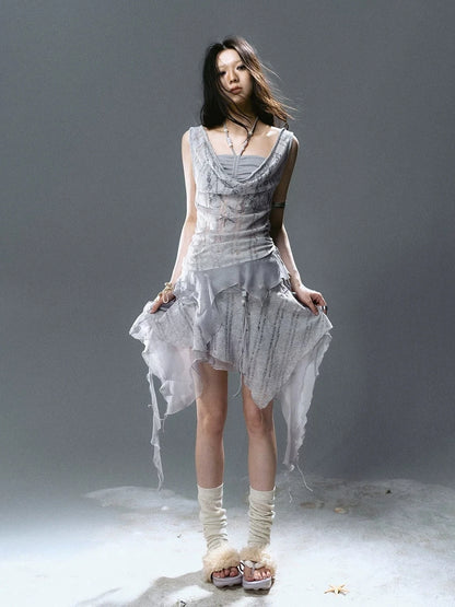 Chinese Clothing Cest Nous Update Printed Beaded Striped Chiffon Hollow Out Swing Neck Shell Top