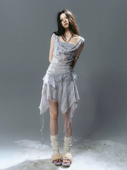 Chinese Clothing Cest Nous Update Printed Beaded Striped Chiffon Hollow Out Swing Neck Shell Top