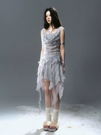 Chinese Clothing Cest Nous Update Printed Beaded Striped Chiffon Hollow Out Swing Neck Shell Top