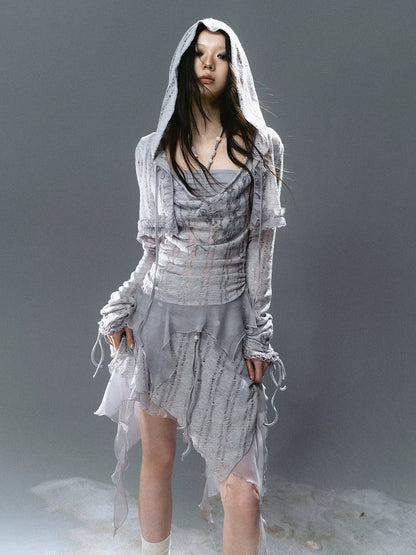 Chinese Clothing Cest Nous Update Printed Beaded Striped Chiffon Hollow Out Swing Neck Shell Top
