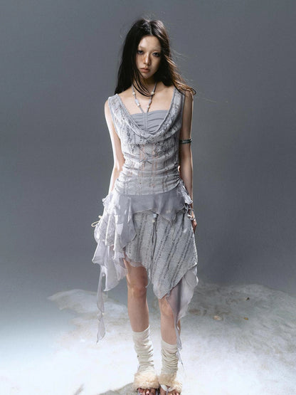 Chinese Clothing Cest Nous Update Printed Beaded Striped Chiffon Hollow Out Swing Neck Shell Top