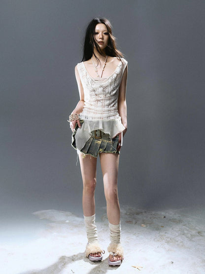 Chinese Clothing Cest Nous Update Printed Beaded Striped Chiffon Hollow Out Swing Neck Shell Top