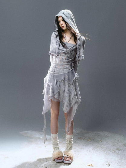 Chinese Clothing Cest Nous Update Printed Beaded Striped Chiffon Hollow Out Swing Neck Shell Top