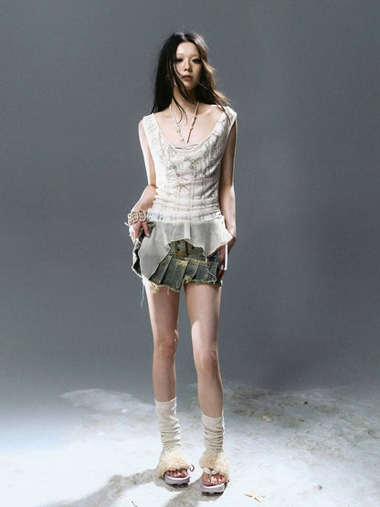 Chinese Clothing Cest Nous Update Printed Beaded Striped Chiffon Hollow Out Swing Neck Shell Top
