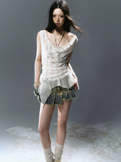 Chinese Clothing Cest Nous Update Printed Beaded Striped Chiffon Hollow Out Swing Neck Shell Top