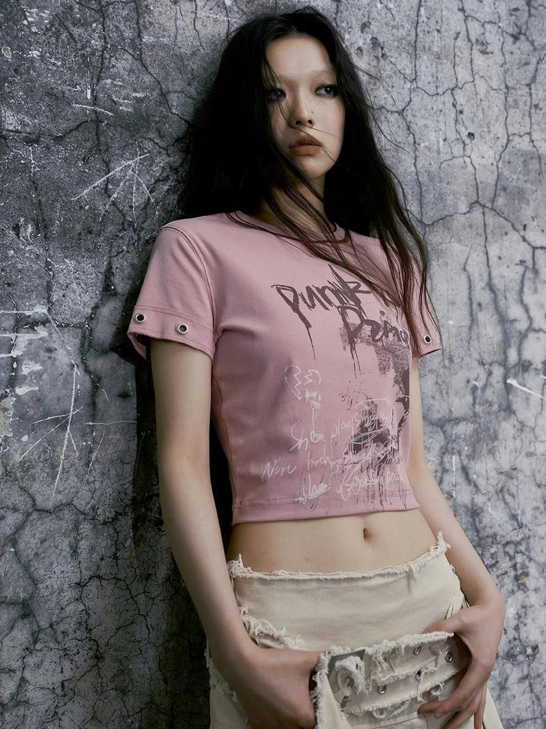 Chinese Clothing Cest Nous Update Punk Graffiti Cropped Tee V-neck T-shirt Long Sleeve