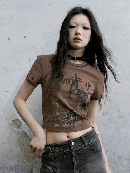 Chinese Clothing Cest Nous Update Punk Graffiti Cropped Tee V-neck T-shirt Long Sleeve